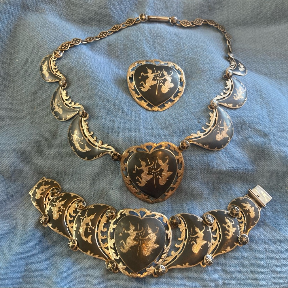 Vintage 1930’s Sterling Siam Jewelry Set Necklace Bracelet Pin Heart.